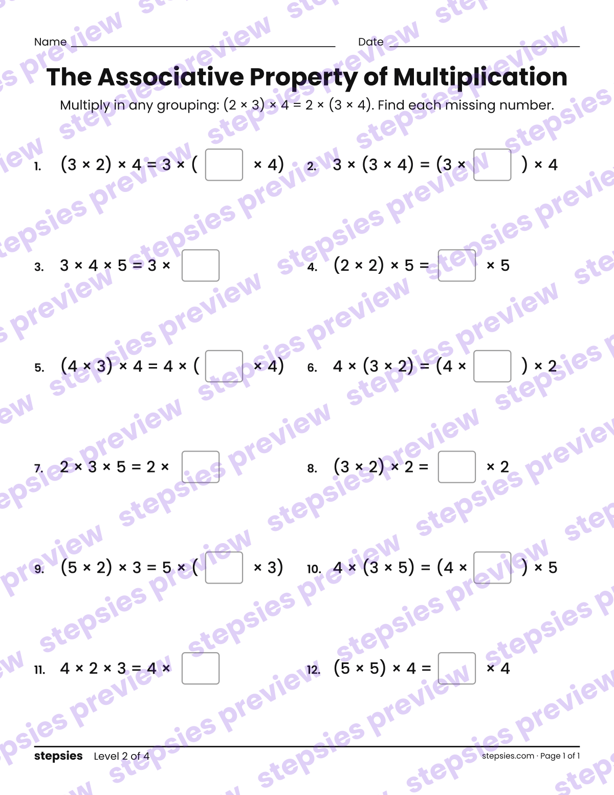 The Associative Property of Multiplication: page 1 of a printable Grade 3 Math worksheet