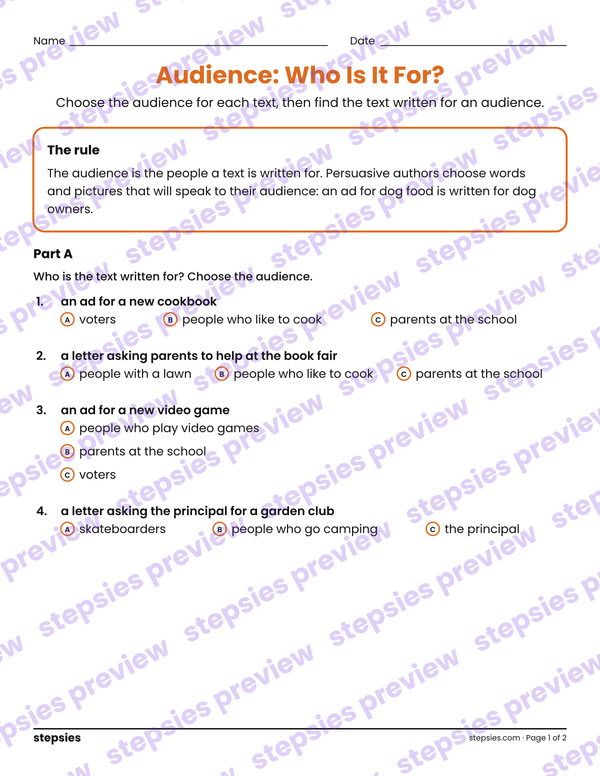 Audience: Who Is It For?: page 1 of a printable Grades 4 and 5 Language worksheet