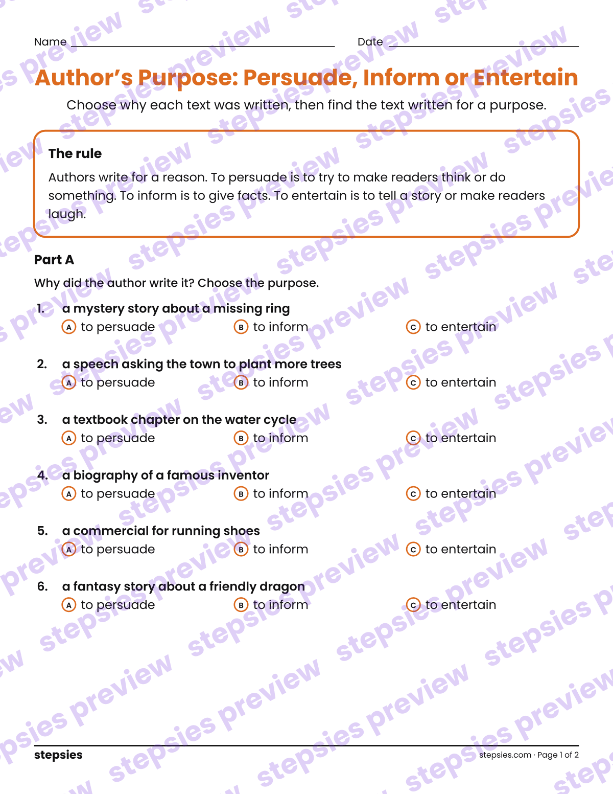 Author’s Purpose: Persuade, Inform or Entertain: page 1 of a printable Grades 4 and 5 Language worksheet
