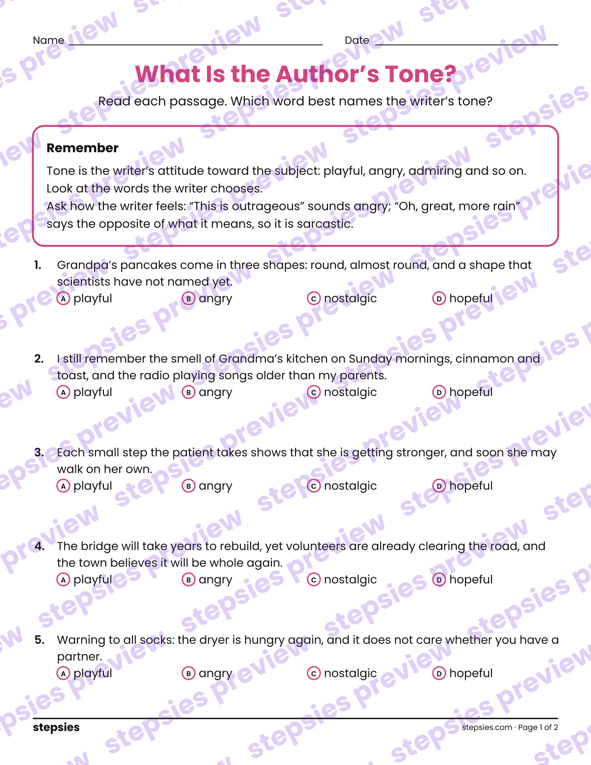 What Is the Author’s Tone?: page 1 of a printable Grades 6–8 Language worksheet