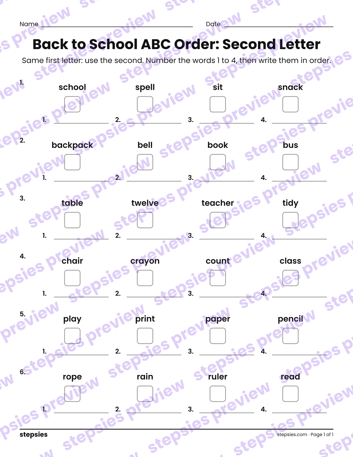 Back to School ABC Order: Second Letter: page 1 of a printable Grades 1 and 2 Language worksheet