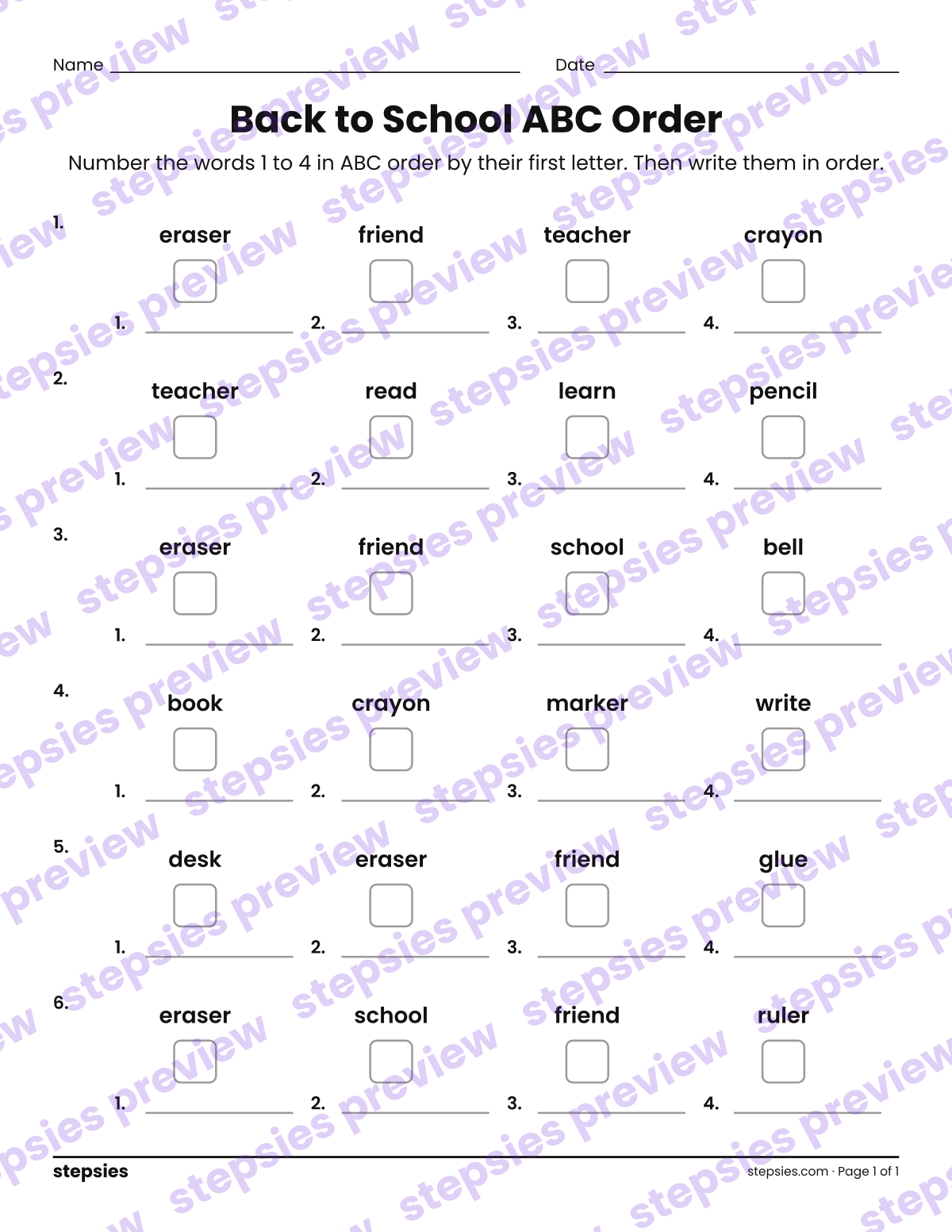 Back to School ABC Order: page 1 of a printable Grades 1 and 2 Language worksheet
