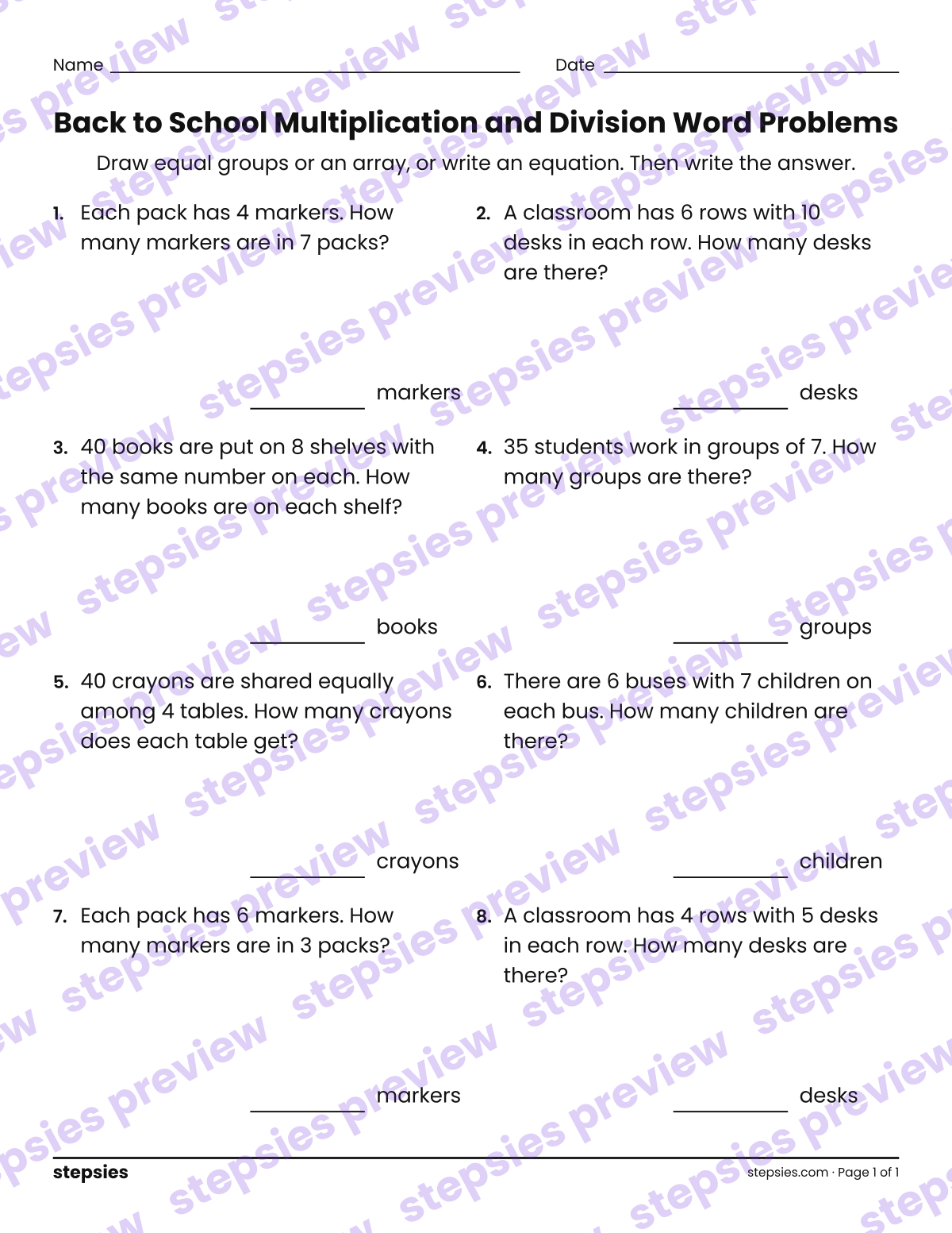 Back to School Multiplication and Division Word Problems: page 1 of a printable Grade 3 Math worksheet