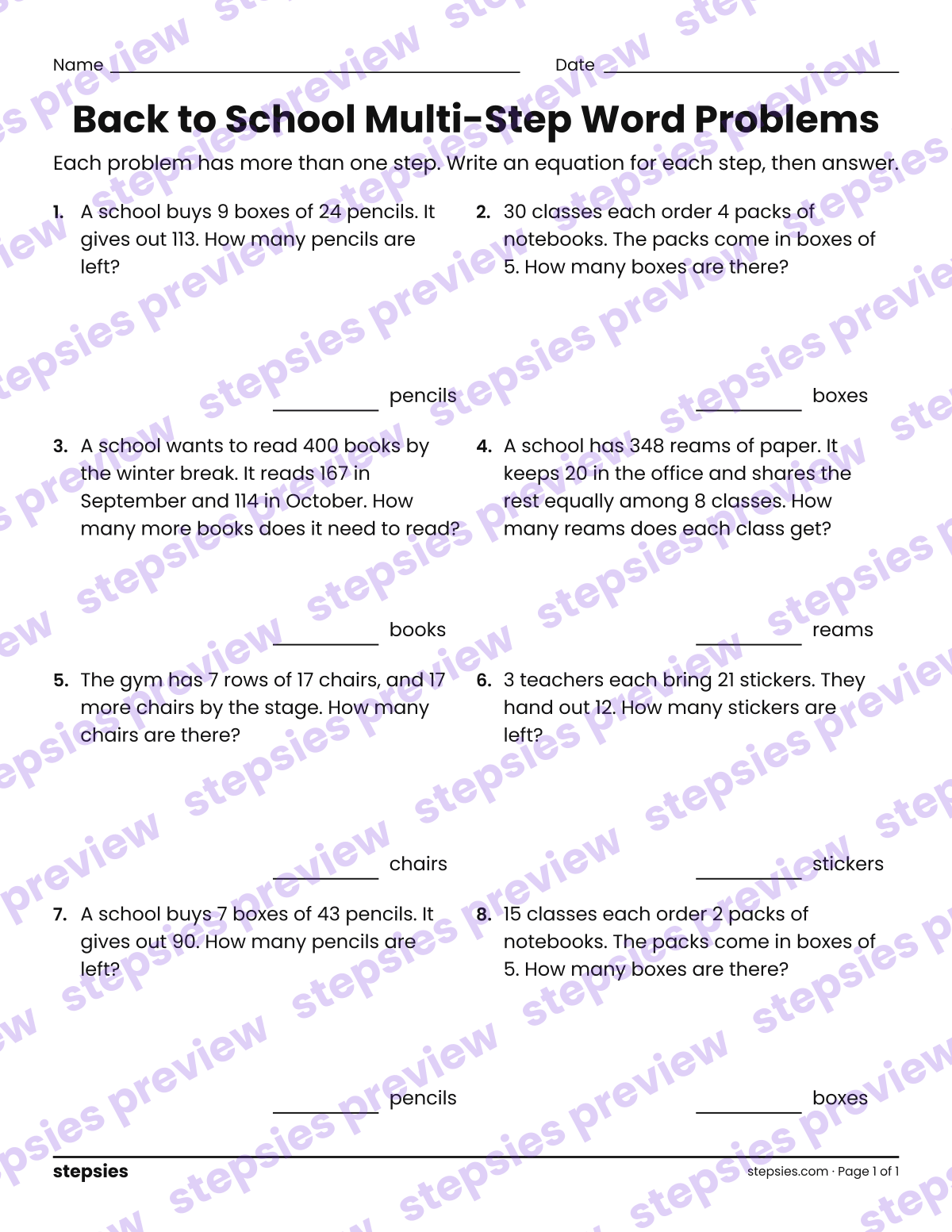 Back to School Multi-Step Word Problems: page 1 of a printable Grade 4 Math worksheet