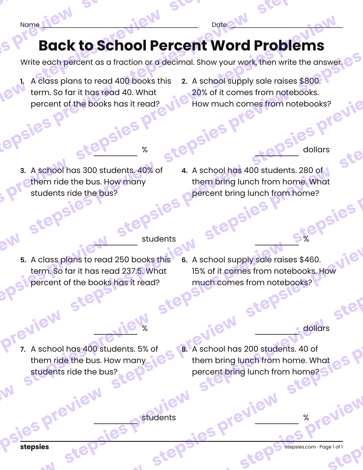 Back to School Percent Word Problems: page 1 of a printable Grade 6 Math worksheet