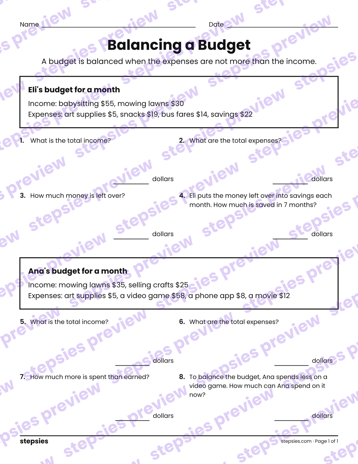 Balancing a Budget: page 1 of a printable Grade 5 Math worksheet