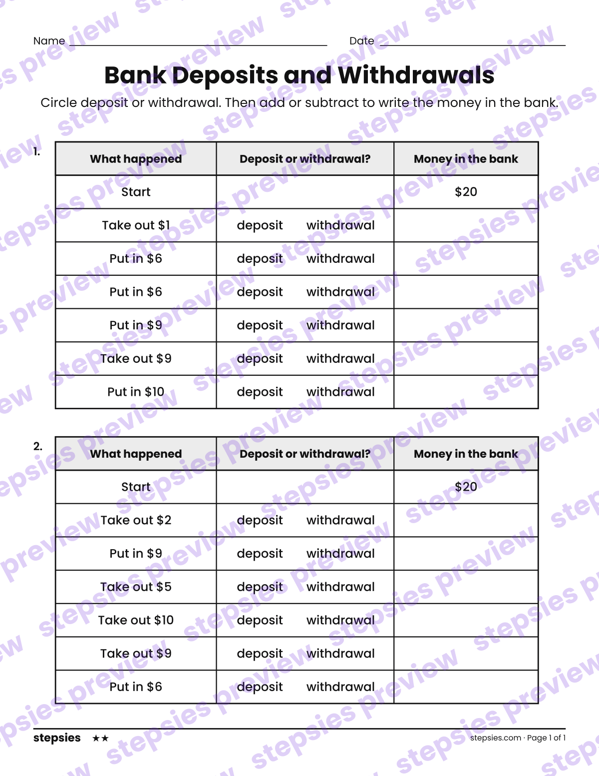 Bank Deposits and Withdrawals: page 1 of a printable Grade 2 Math worksheet