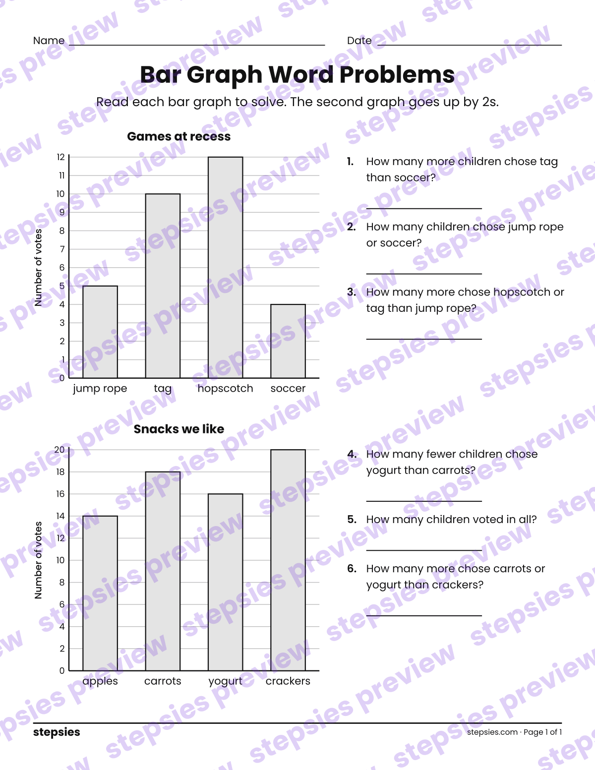 Bar Graph Word Problems: page 1 of a printable Grade 2 Math worksheet
