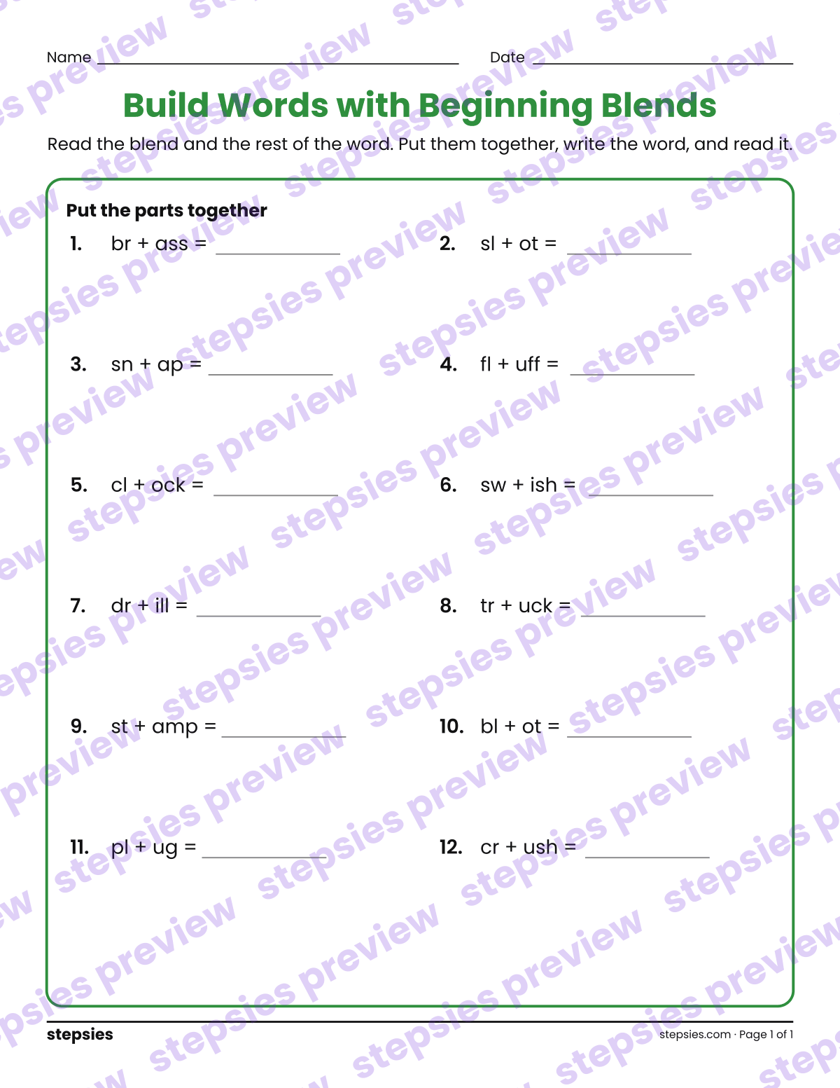 Build Words with Beginning Blends: page 1 of a printable Kindergarten and Grade 1 Language worksheet