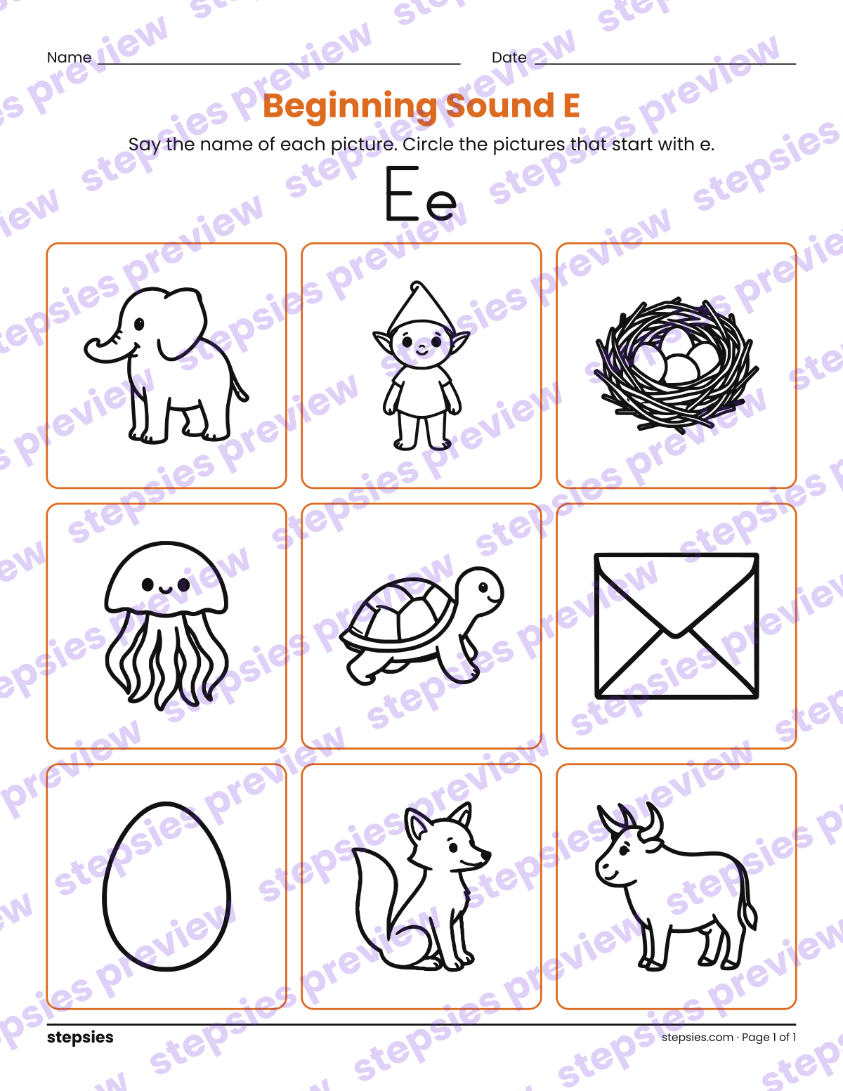 Beginning Sound E: page 1 of a printable Kindergarten and Grade 1 Language worksheet