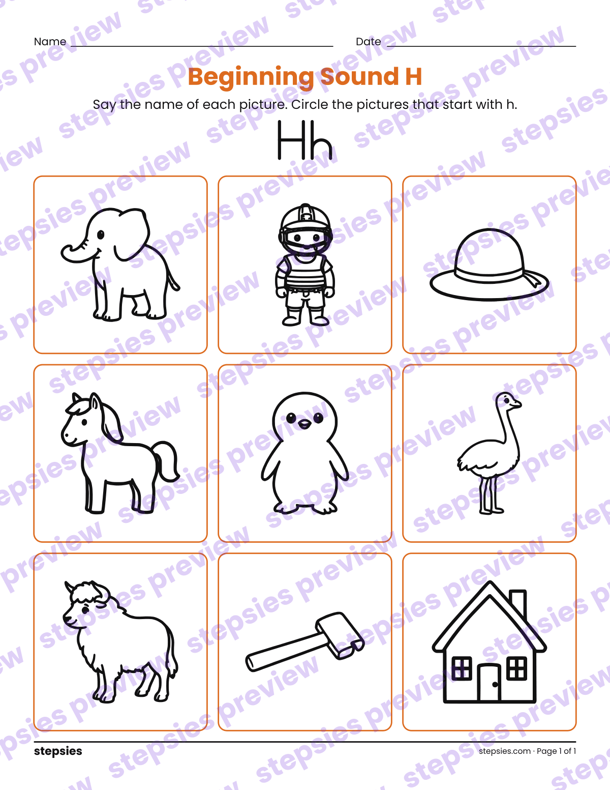 Beginning Sound H: page 1 of a printable Kindergarten and Grade 1 Language worksheet