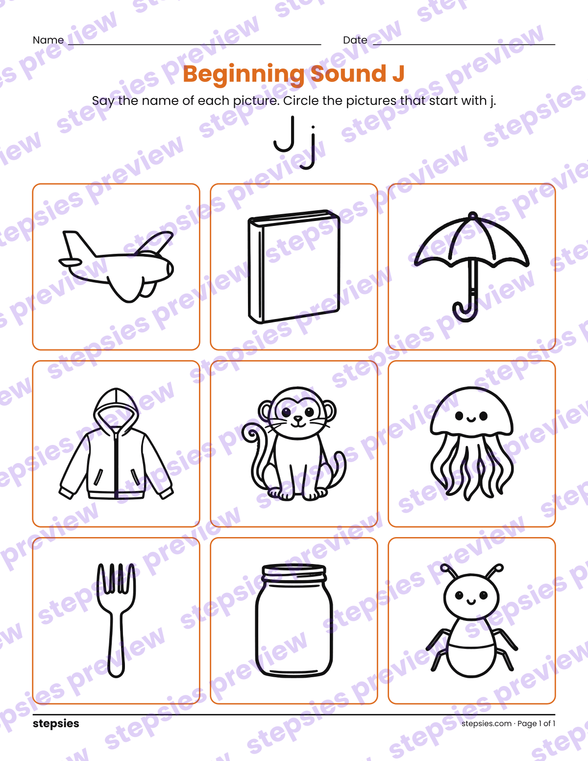 Beginning Sound J: page 1 of a printable Kindergarten and Grade 1 Language worksheet