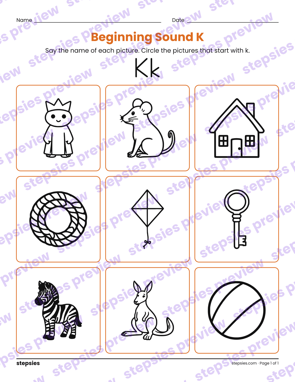 Beginning Sound K: page 1 of a printable Kindergarten and Grade 1 Language worksheet
