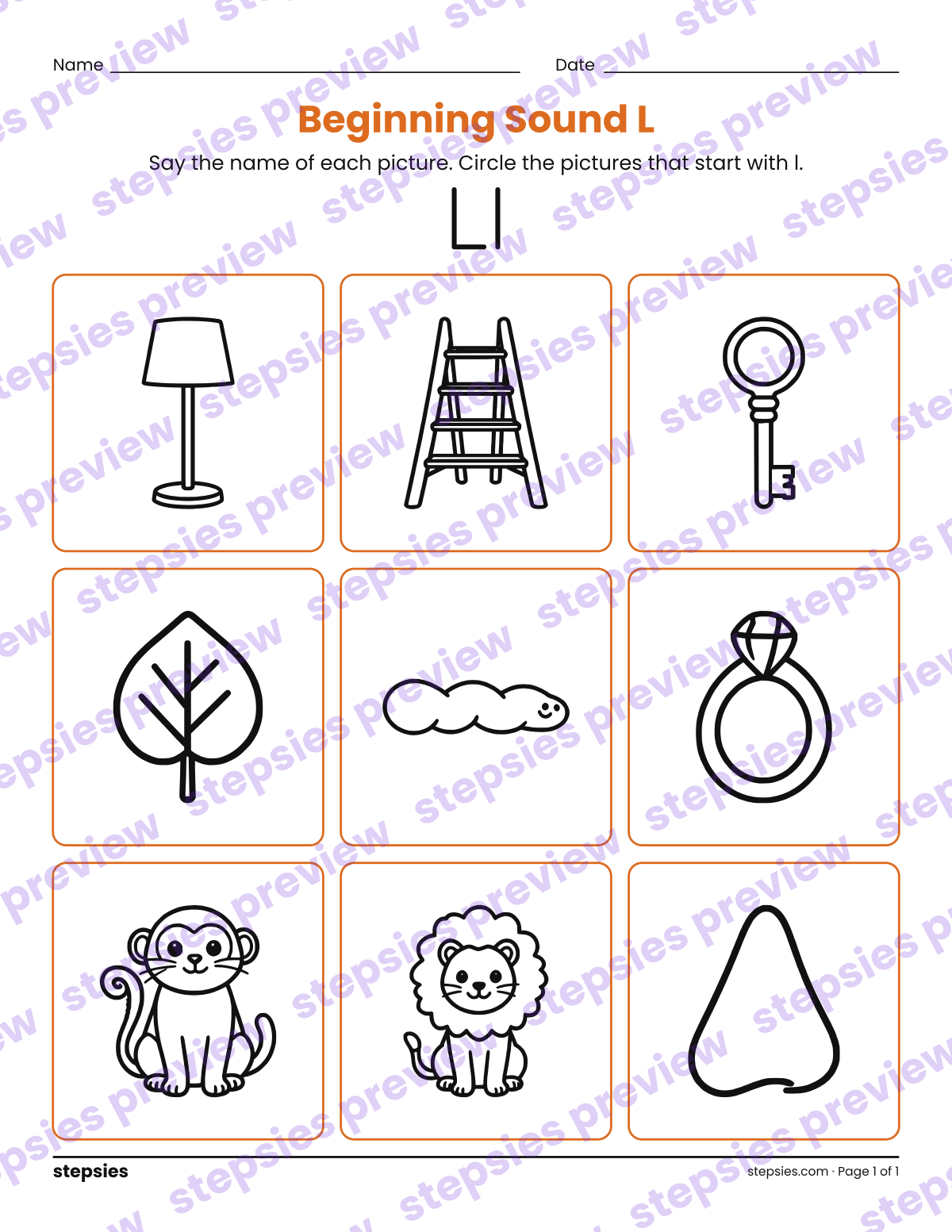 Beginning Sound L: page 1 of a printable Kindergarten and Grade 1 Language worksheet