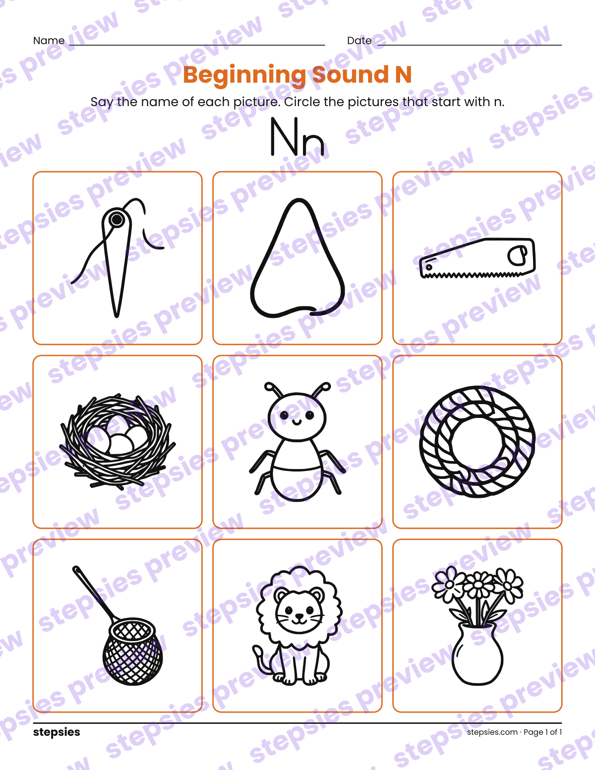 Beginning Sound N: page 1 of a printable Kindergarten and Grade 1 Language worksheet