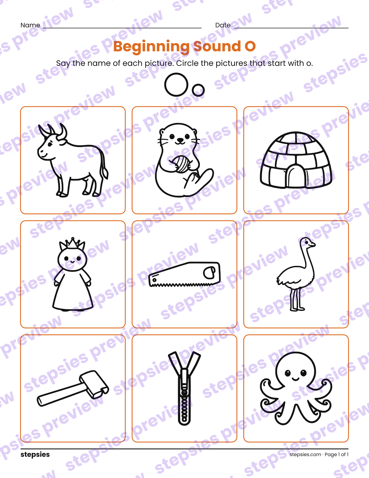 Beginning Sound O: page 1 of a printable Kindergarten and Grade 1 Language worksheet