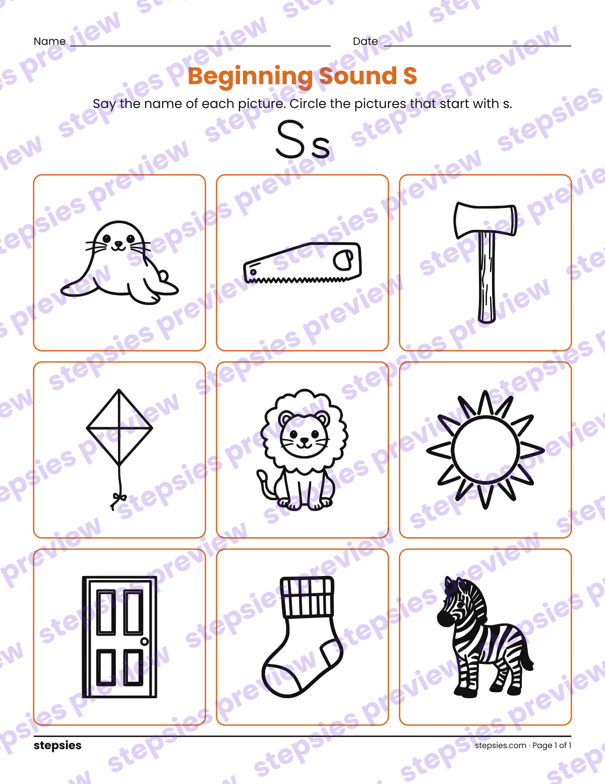 Beginning Sound S: page 1 of a printable Kindergarten and Grade 1 Language worksheet