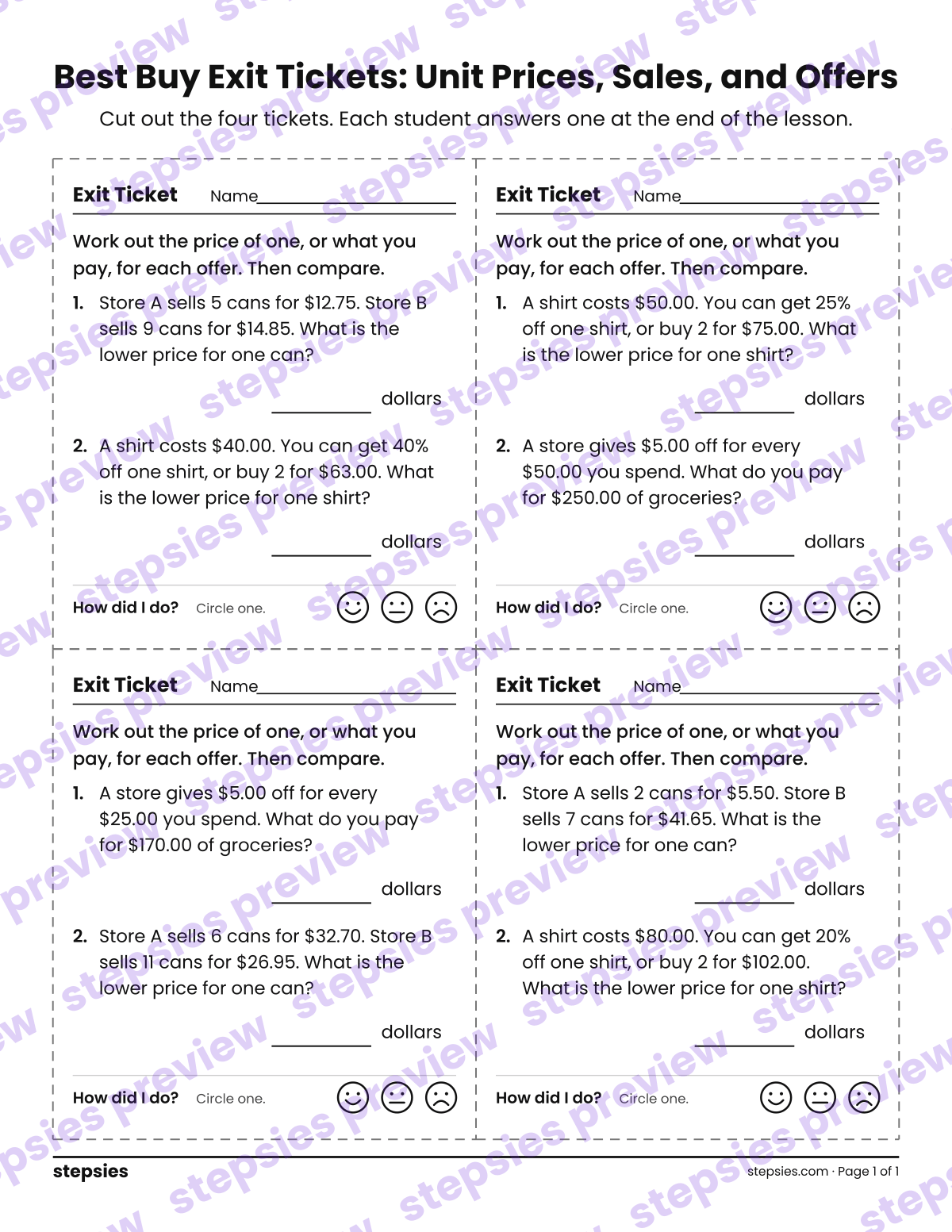 Best Buy Exit Tickets: Unit Prices, Sales, and Offers: page 1 of a printable Grade 8 Math worksheet