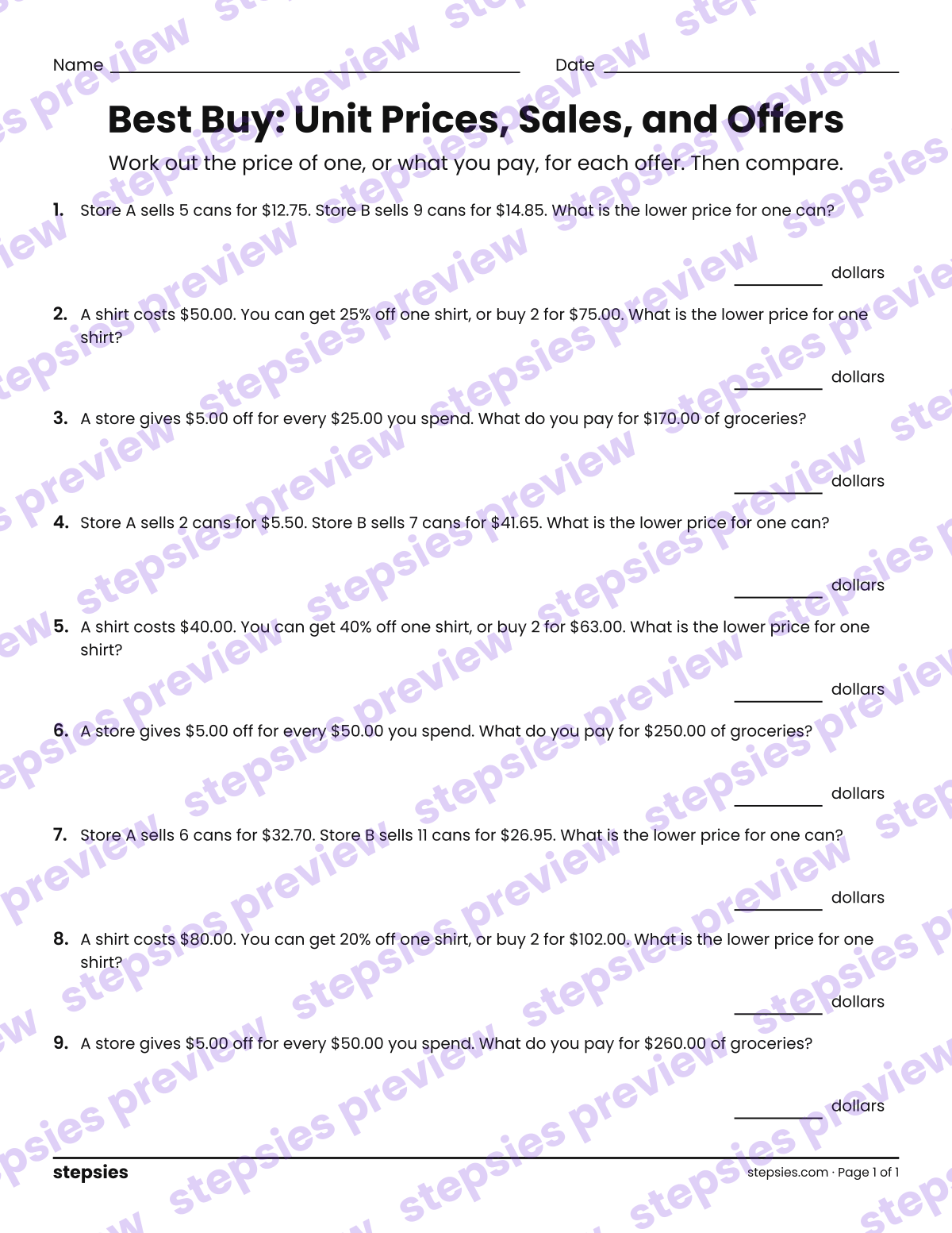 Best Buy: Unit Prices, Sales, and Offers: page 1 of a printable Grade 8 Math worksheet