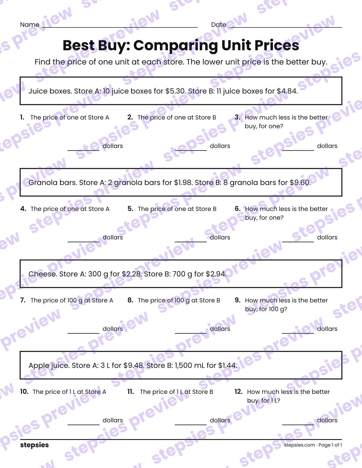 Best Buy: Comparing Unit Prices: page 1 of a printable Grade 5 Math worksheet
