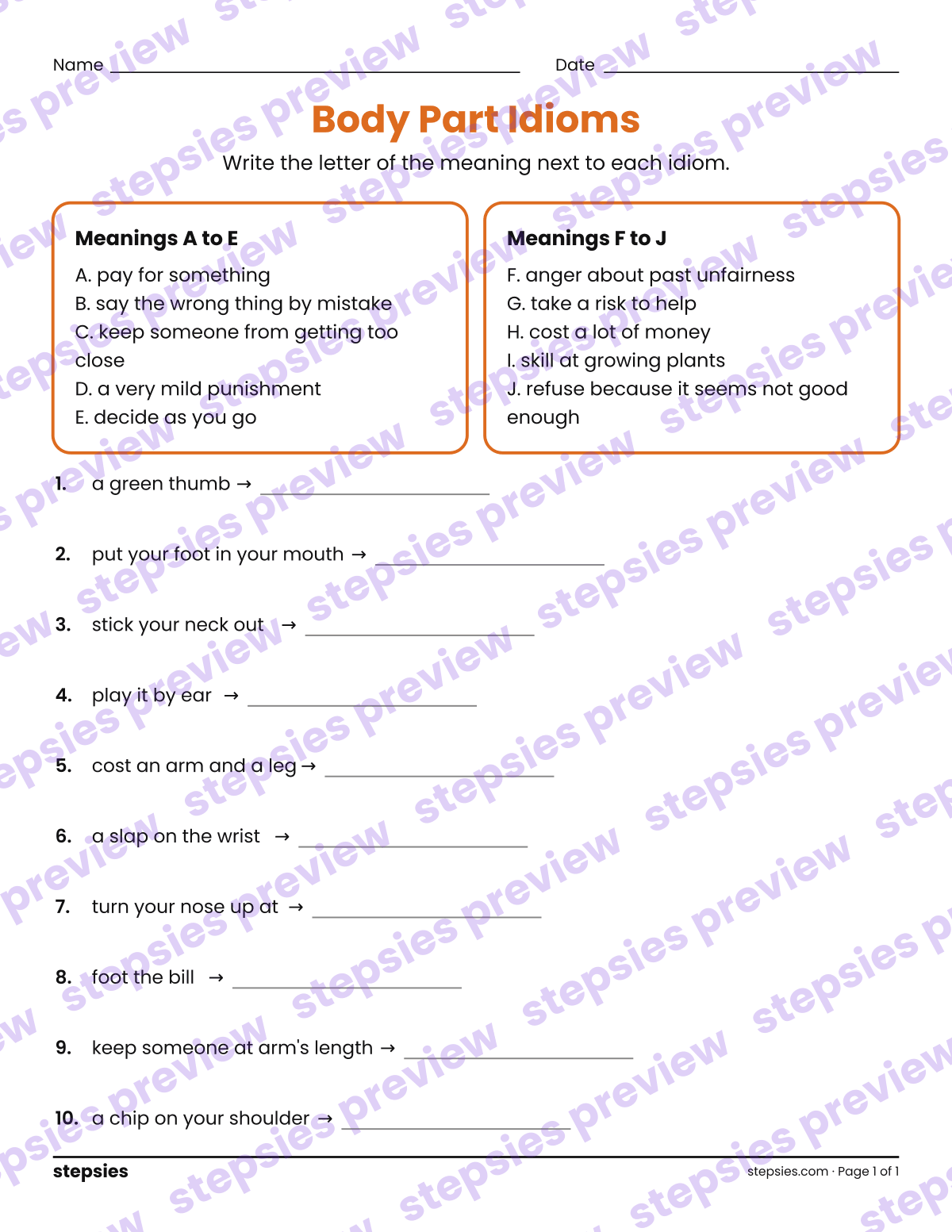 Body Part Idioms: page 1 of a printable Grades 3–6 Language worksheet