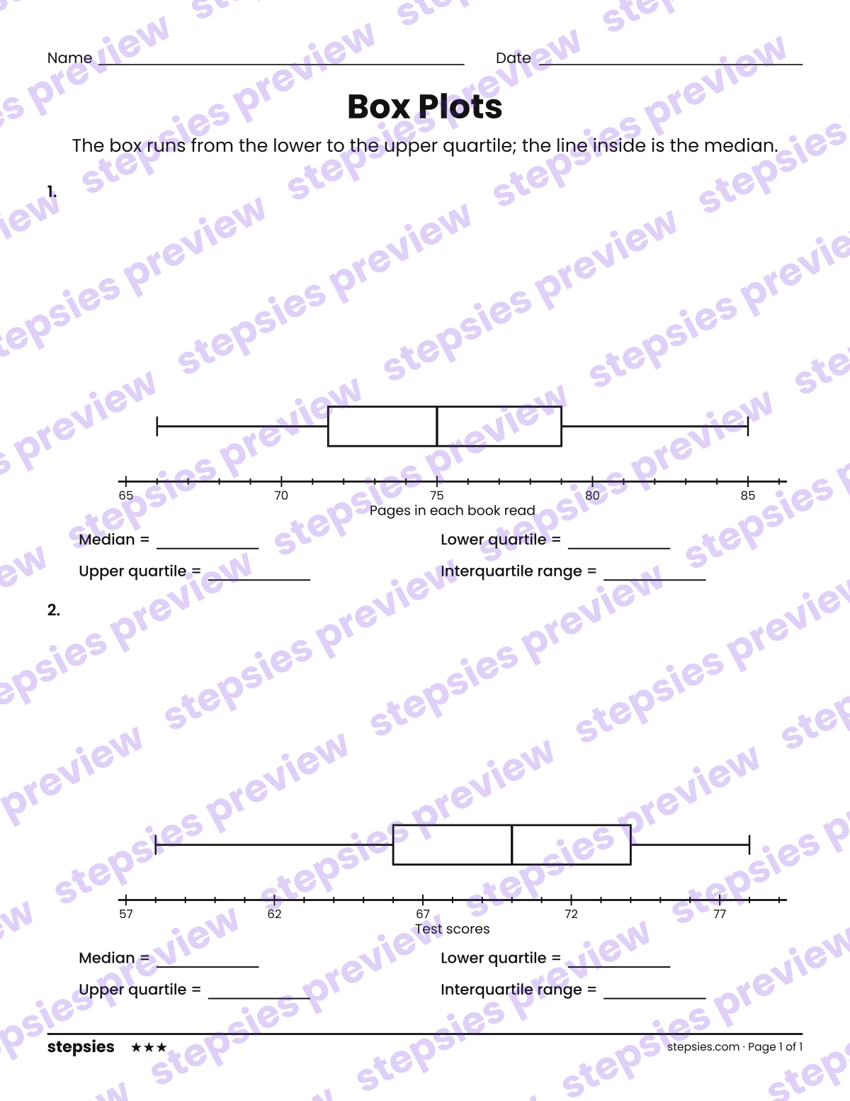 Box Plots: page 1 of a printable Grades 6 and 7 Math worksheet