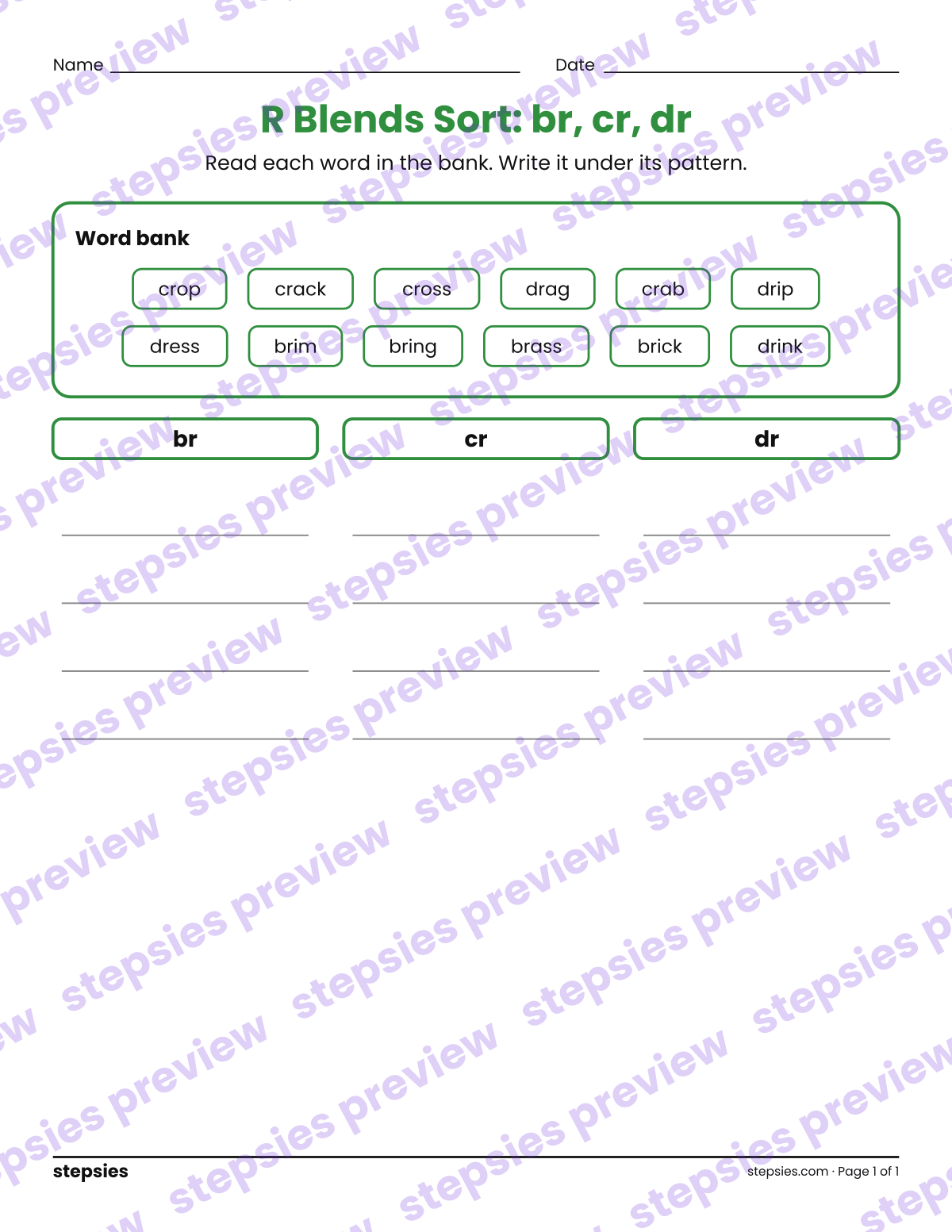 R Blends Sort: br, cr, dr: page 1 of a printable Kindergarten and Grade 1 Language worksheet