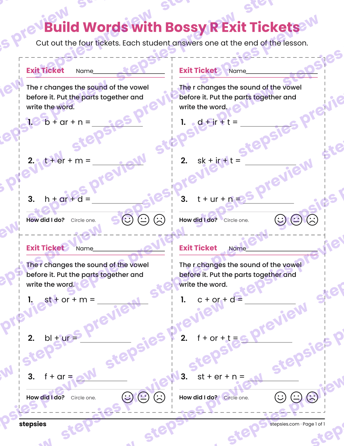 Build Words with Bossy R Exit Tickets: page 1 of a printable Grades 1 and 2 Language worksheet