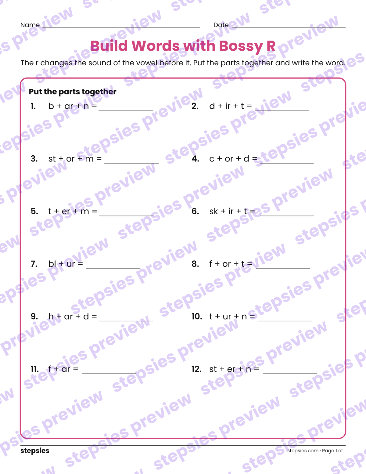 Build Words with Bossy R: page 1 of a printable Grades 1 and 2 Language worksheet