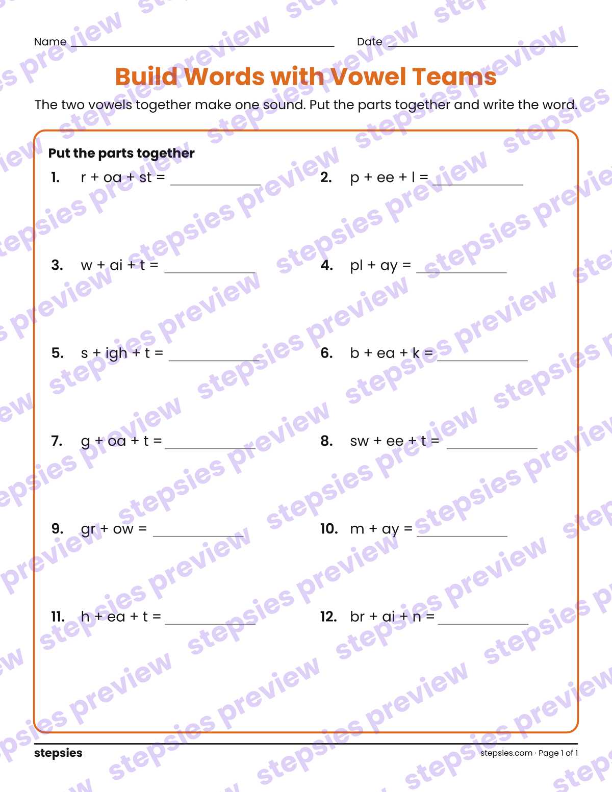 Build Words with Vowel Teams: page 1 of a printable Grades 1 and 2 Language worksheet