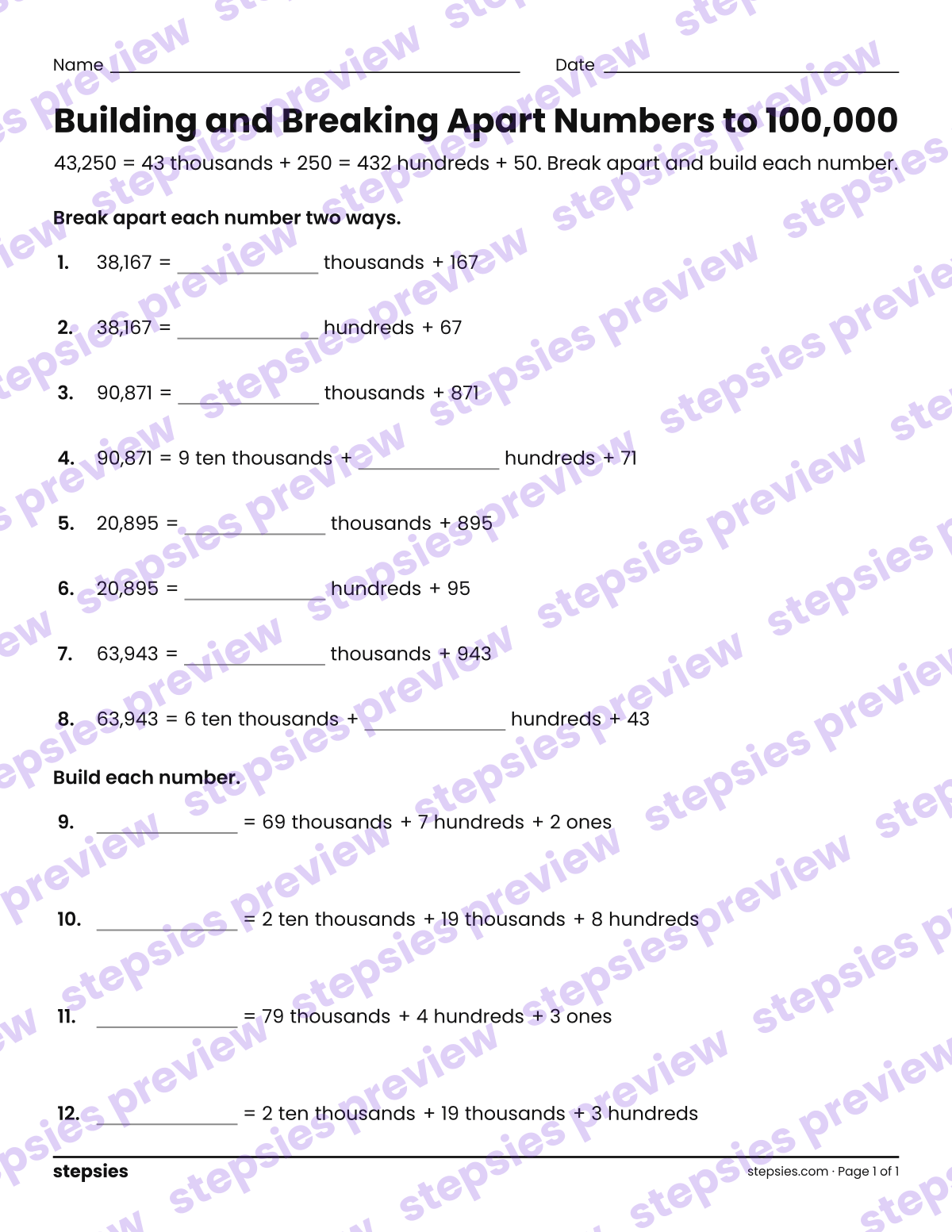 Building and Breaking Apart Numbers to 100,000: page 1 of a printable Grades 3 and 5 Math worksheet