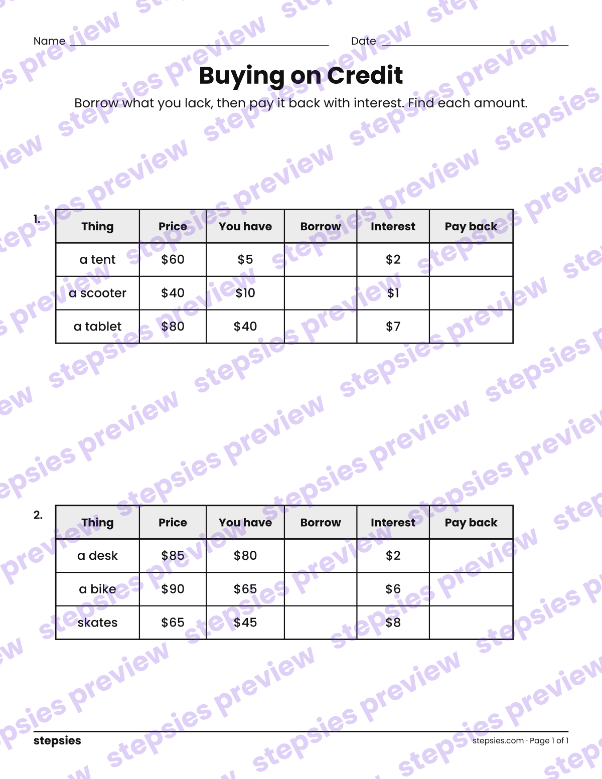 Buying on Credit: page 1 of a printable Grade 3 Math worksheet