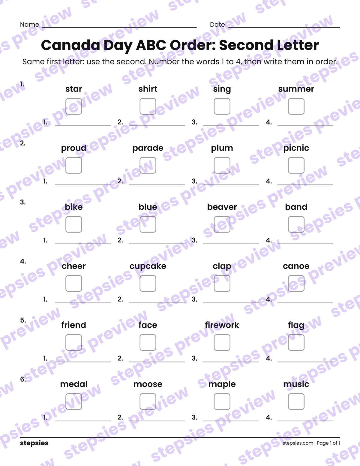 Canada Day ABC Order: Second Letter: page 1 of a printable Grades 1 and 2 Language worksheet