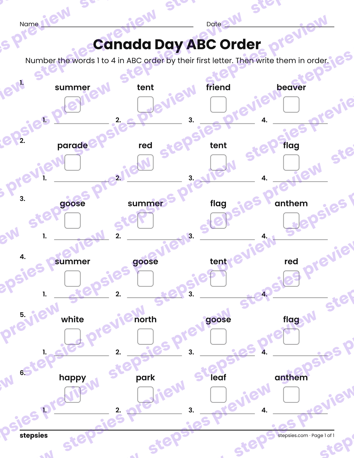 Canada Day ABC Order: page 1 of a printable Grades 1 and 2 Language worksheet