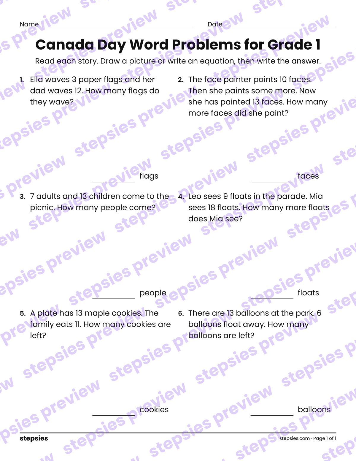 Canada Day Word Problems for Grade 1: page 1 of a printable Grade 1 Math worksheet