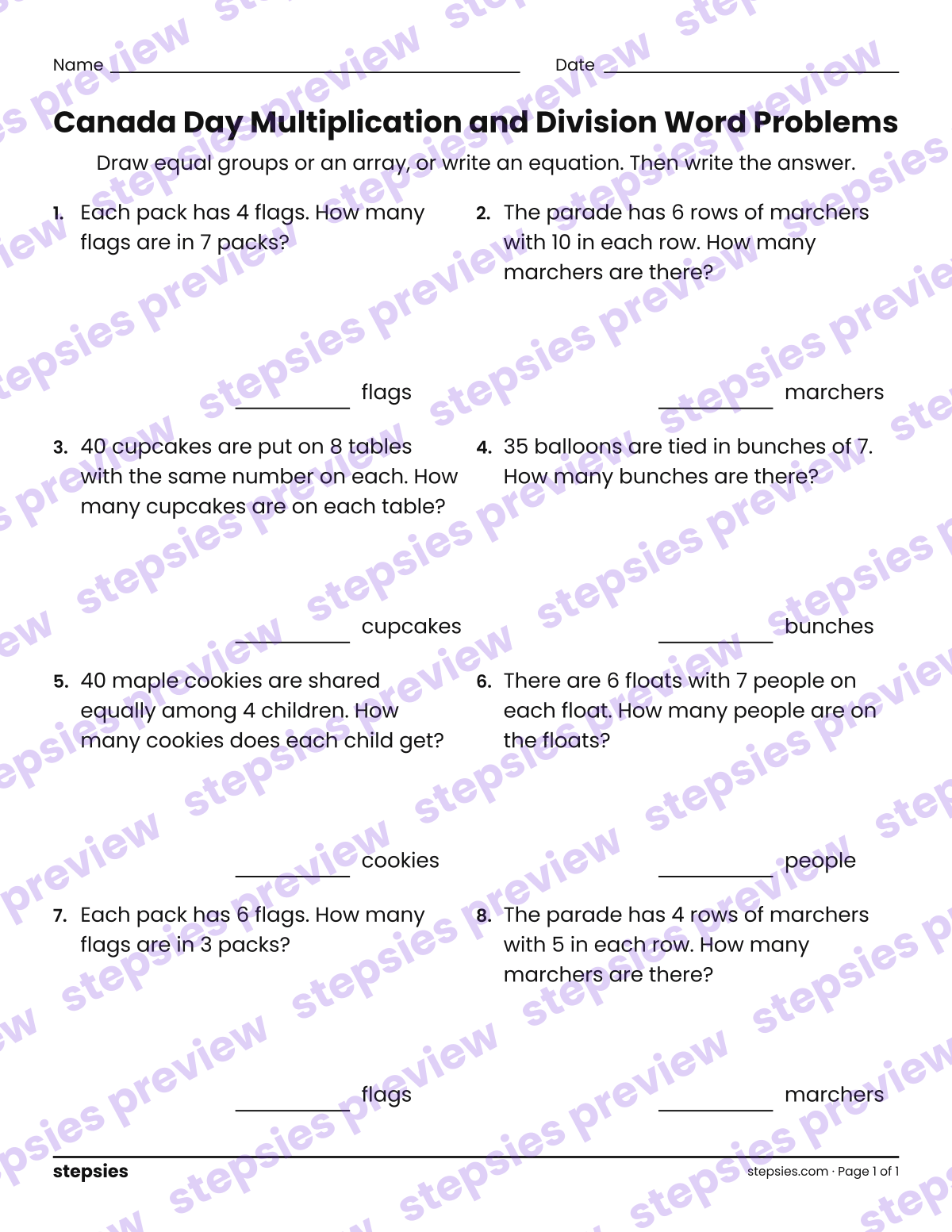 Canada Day Multiplication and Division Word Problems: page 1 of a printable Grade 3 Math worksheet
