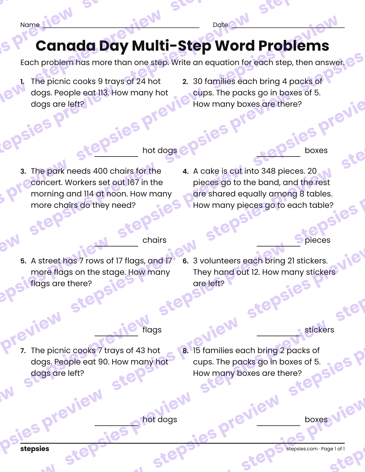 Canada Day Multi-Step Word Problems: page 1 of a printable Grade 4 Math worksheet