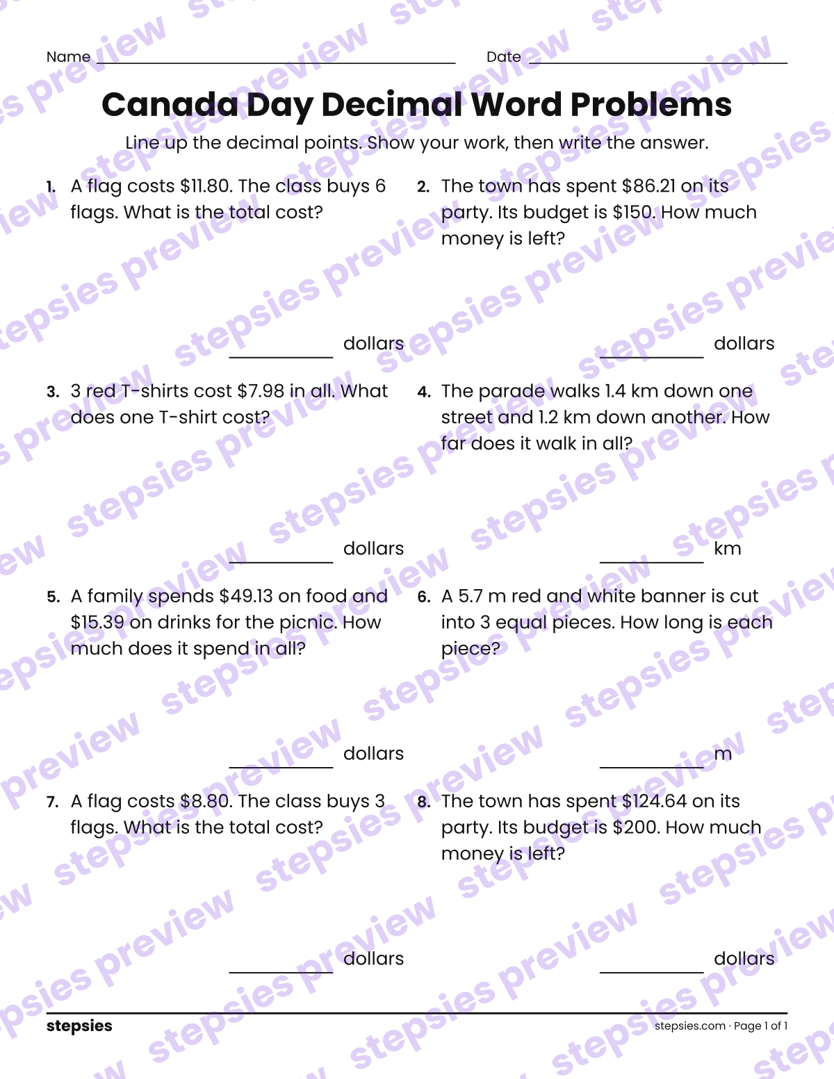 Canada Day Decimal Word Problems: page 1 of a printable Grade 5 Math worksheet