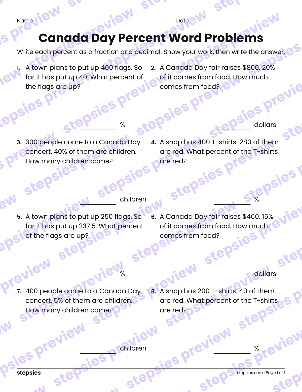 Canada Day Percent Word Problems: page 1 of a printable Grade 6 Math worksheet