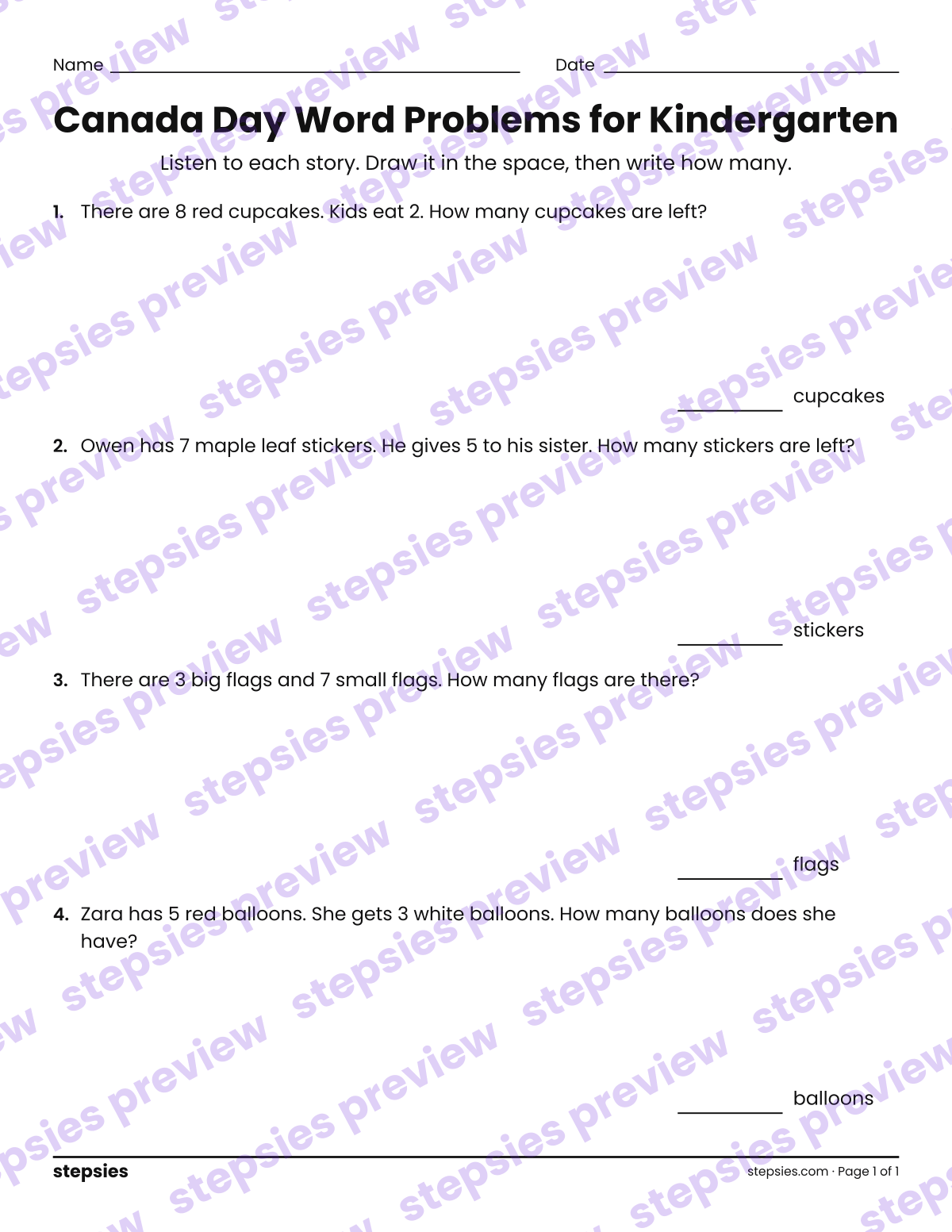 Canada Day Word Problems for Kindergarten: page 1 of a printable Kindergarten Math worksheet
