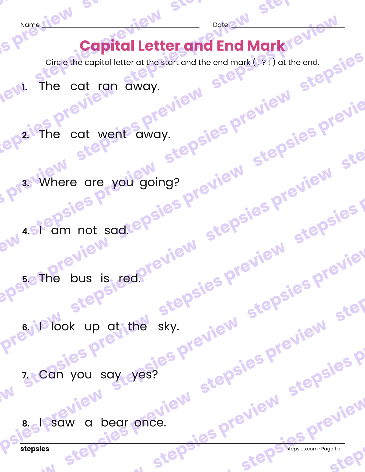 Capital Letter and End Mark: page 1 of a printable Grade 1 Language worksheet