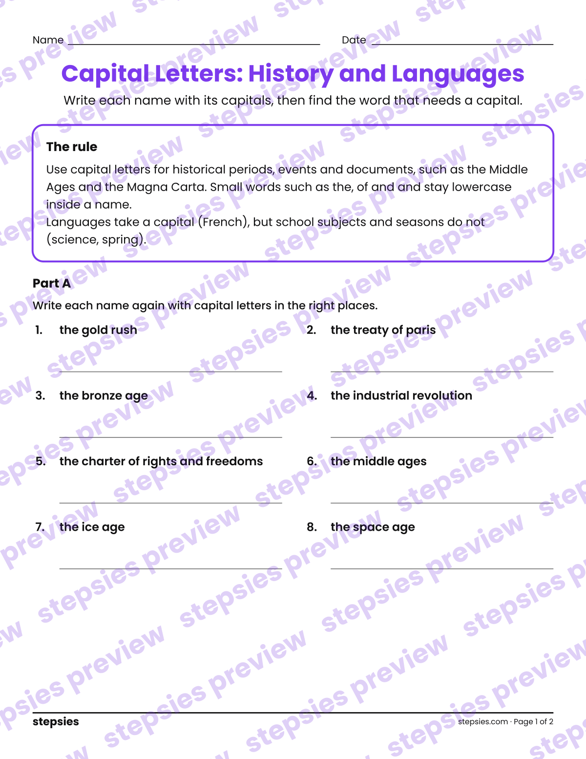 Capital Letters: History and Languages: page 1 of a printable Grade 4 Language worksheet
