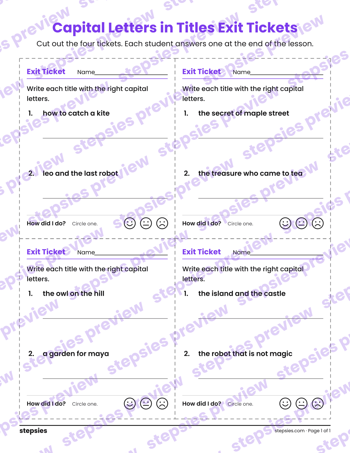 Capital Letters in Titles Exit Tickets: page 1 of a printable Grades 4 and 5 Language worksheet