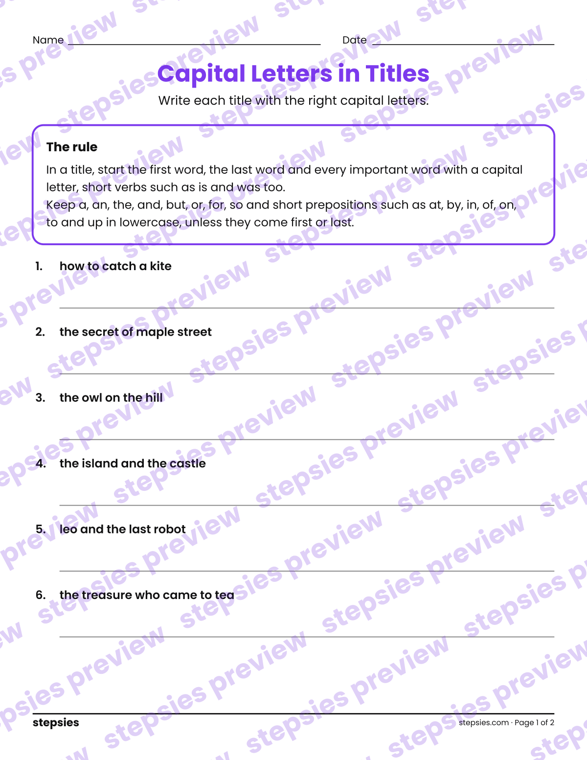 Capital Letters in Titles: page 1 of a printable Grades 4 and 5 Language worksheet