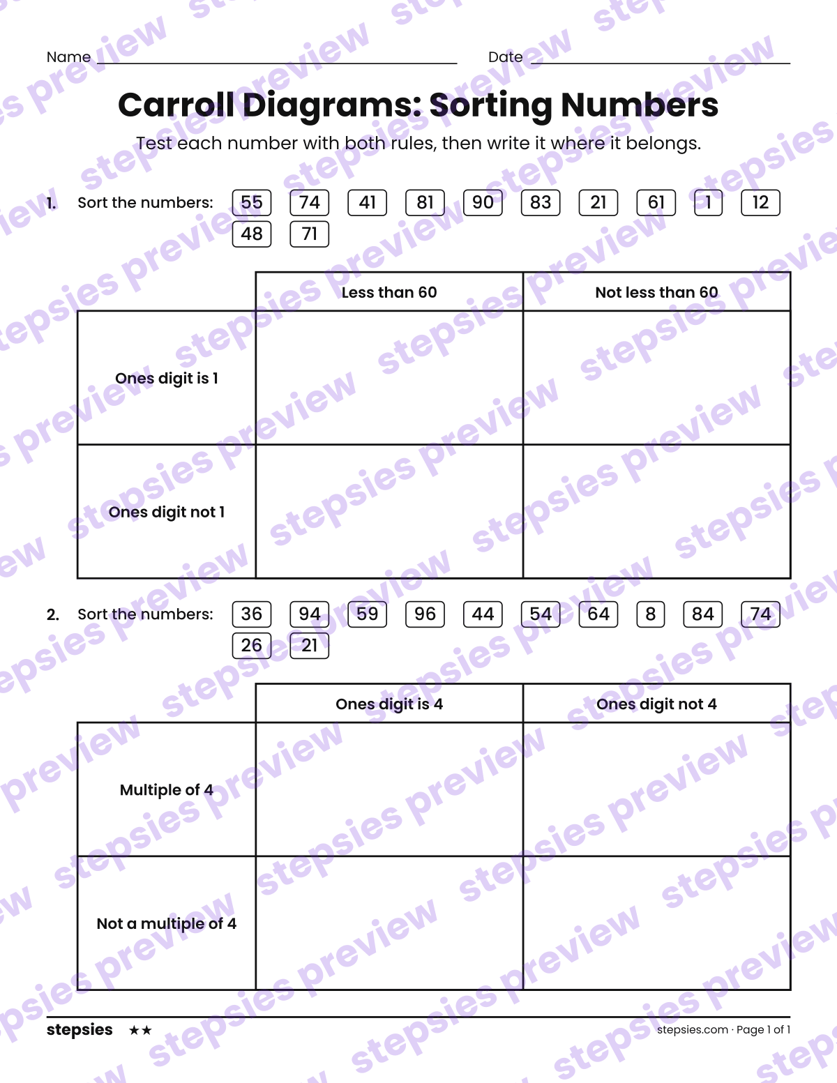 Carroll Diagrams: Sorting Numbers: page 1 of a printable Grade 3 Math worksheet
