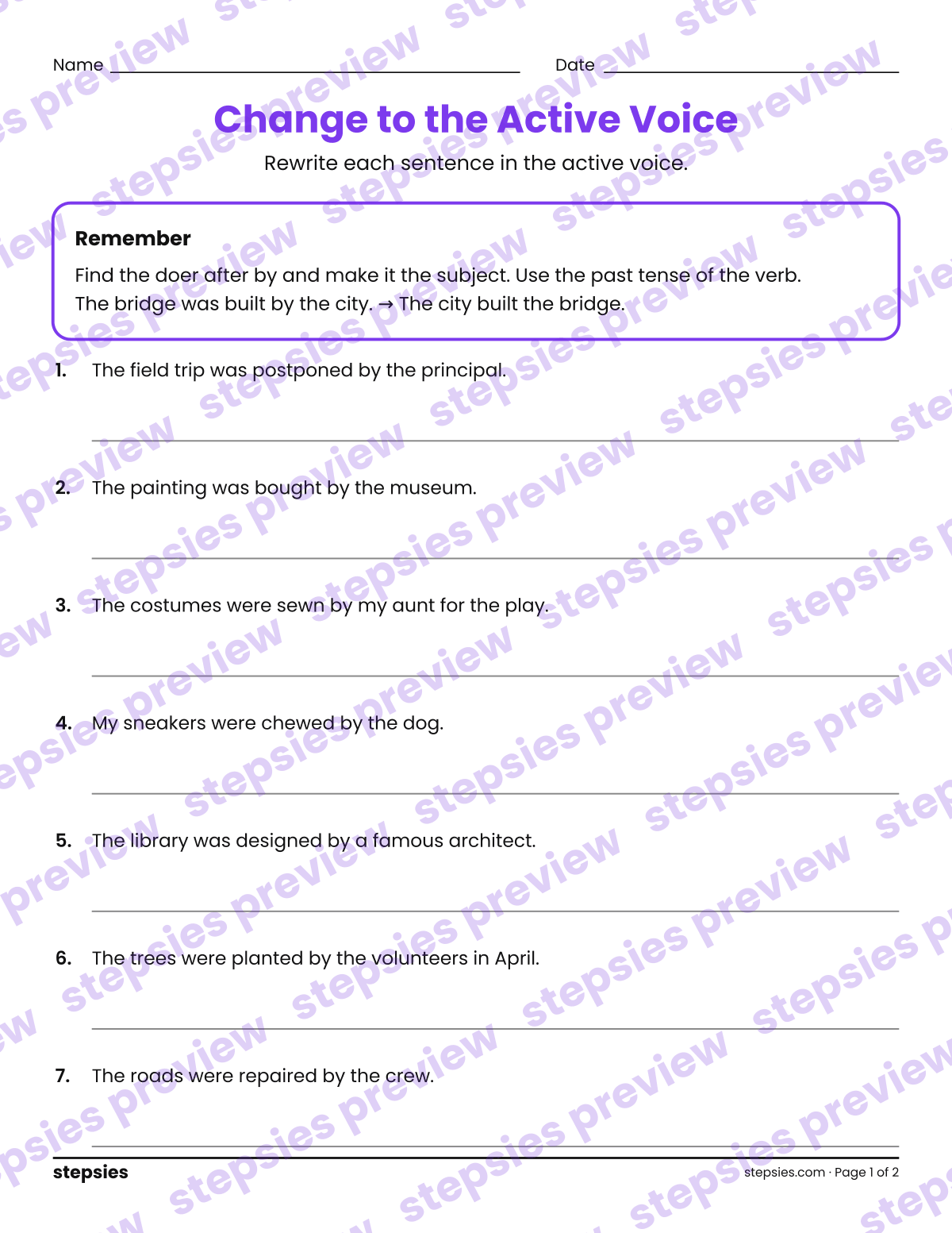 Change to the Active Voice: page 1 of a printable Grades 7 and 8 Language worksheet
