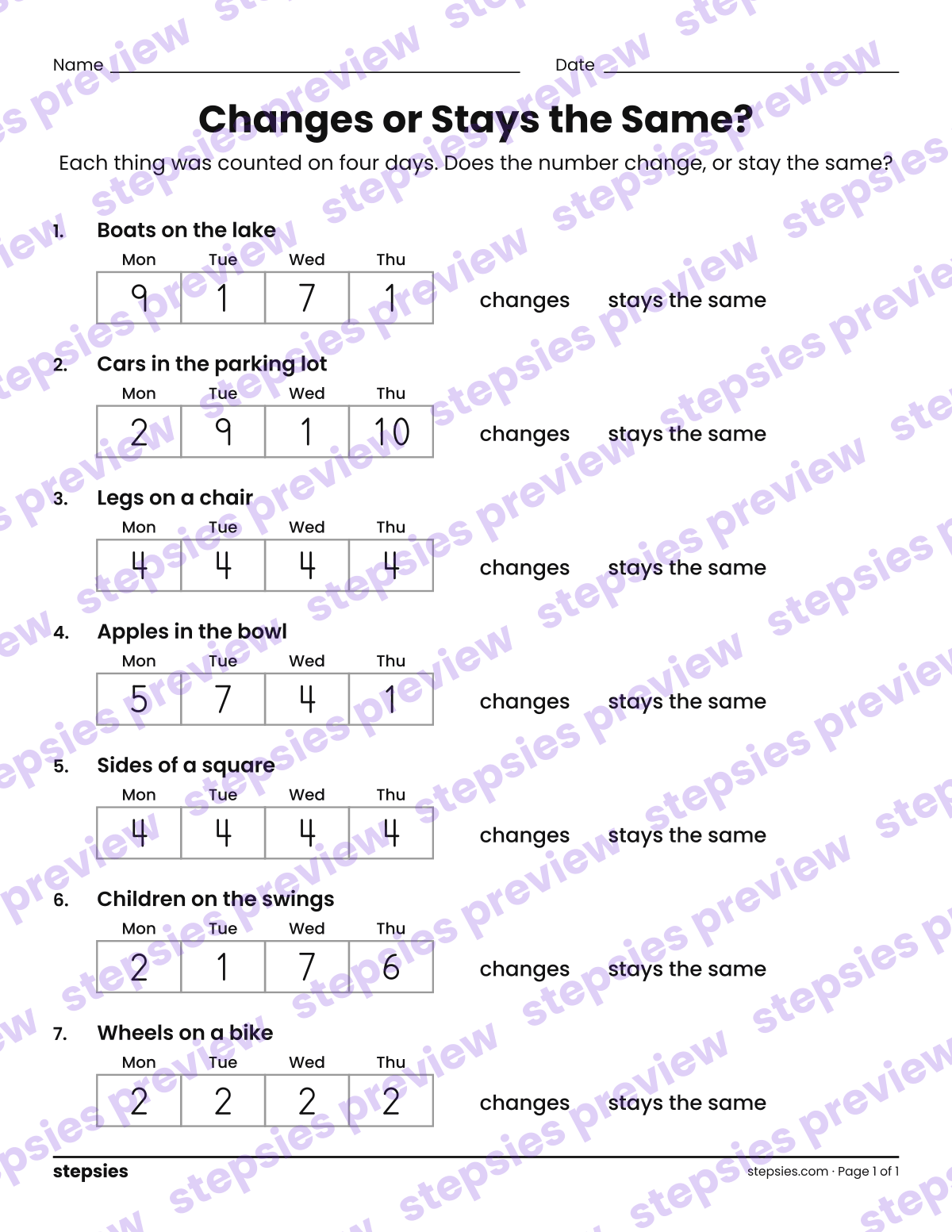 Changes or Stays the Same?: page 1 of a printable Grade 1 Math worksheet