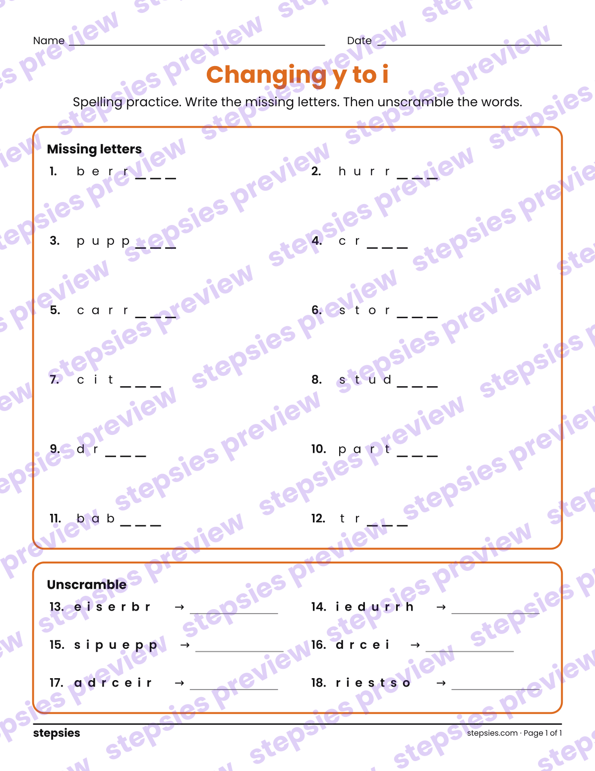 Changing y to i: Spelling Practice: page 1 of a printable Grade 3 Language worksheet