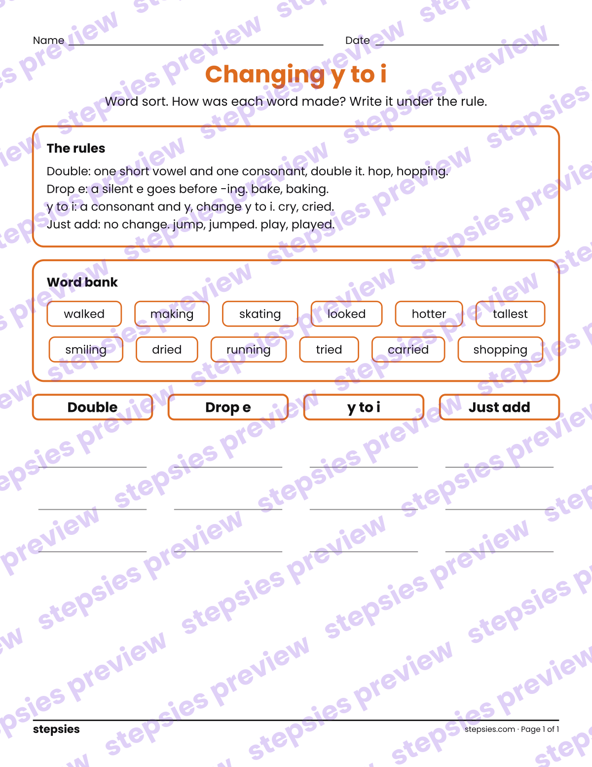 Changing y to i: Word Sort: page 1 of a printable Grade 3 Language worksheet