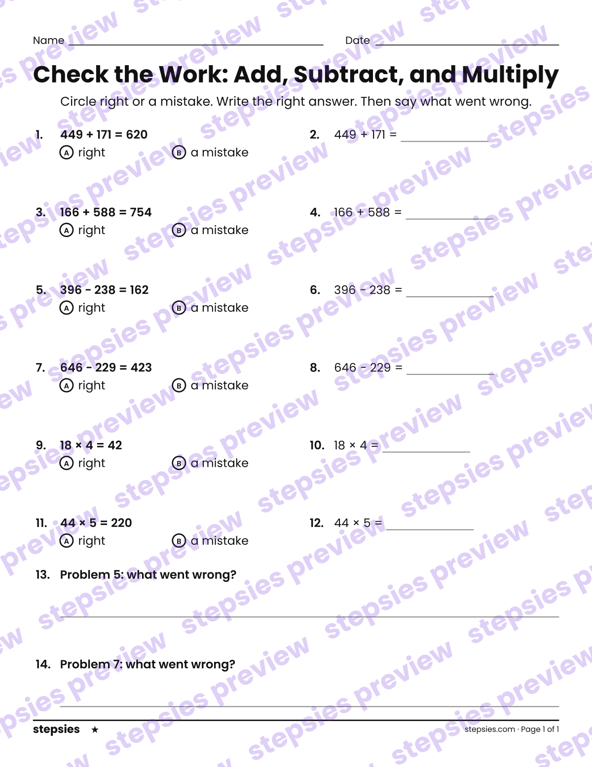 Check the Work: Add, Subtract, and Multiply: page 1 of a printable Grades 3–5 Math worksheet